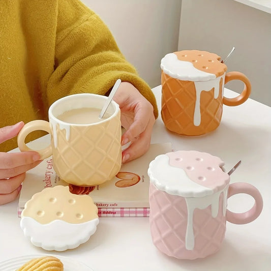 Biscuit Pattern Coffee Mug With Lid And Spoon 14.2oz